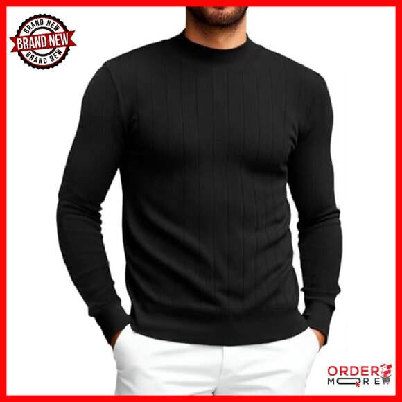 Men's Slim Fit Mock Turtleneck Sweater Ribbed Knit Warm Pullover - Picture 2 of 7